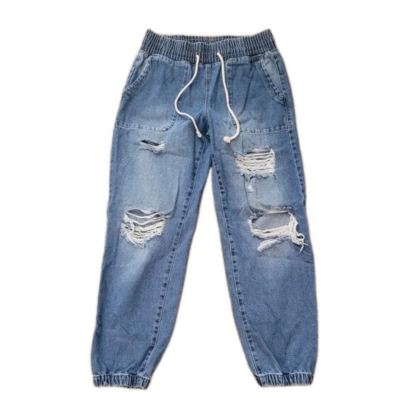 Celebrity Pink Jeans Womens S Blue Distressed Elastic Waist Pull On Deni… - Picture 1 of 10
